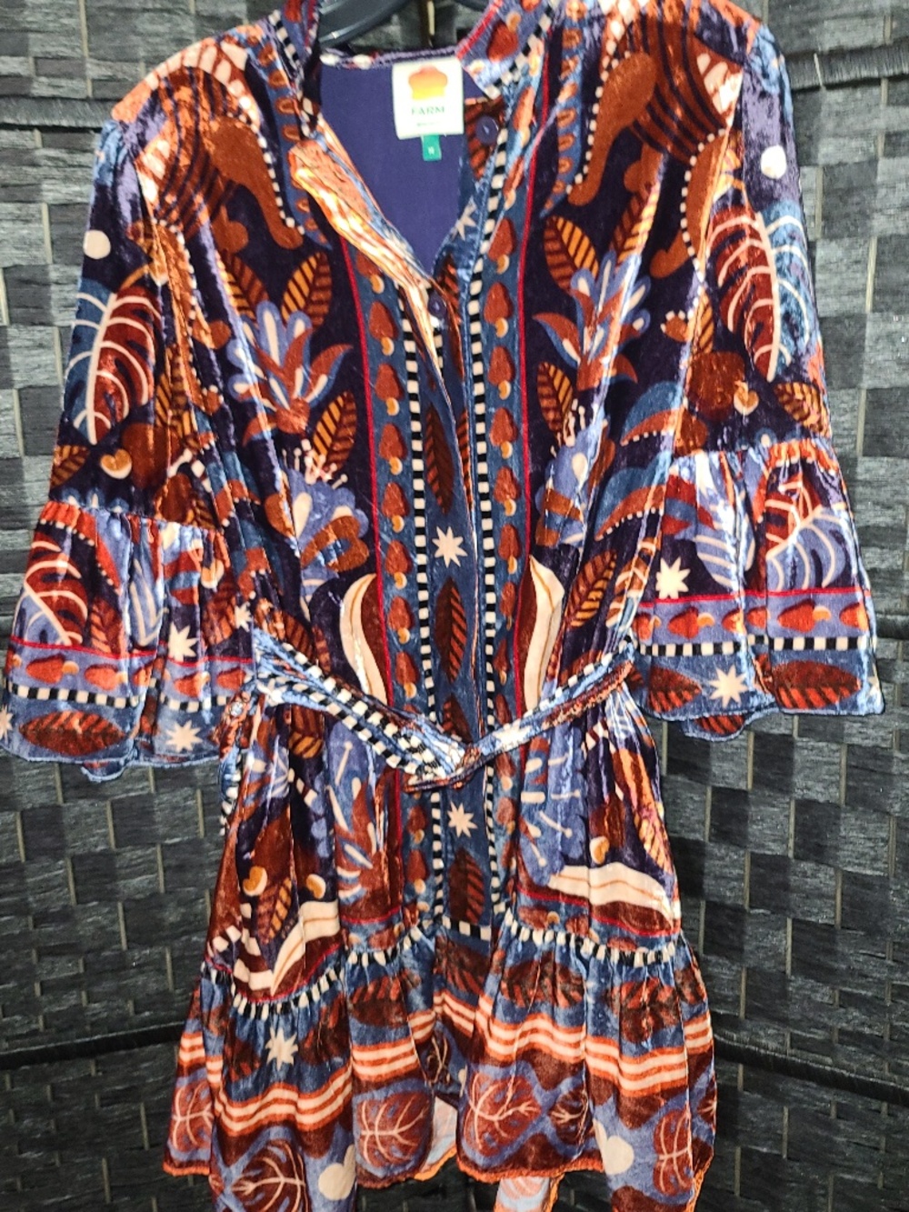 Farm Rio Nature Beauty Velour Belted Mini Dress, featuring long sleeves NWOT